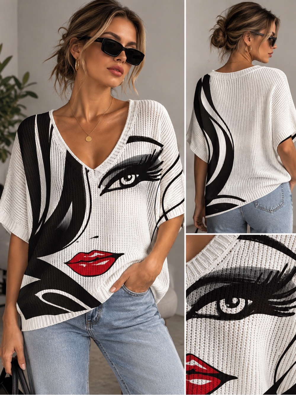 V-Neck Graphic Face Print Tunic Top - White/Black with Red Accent